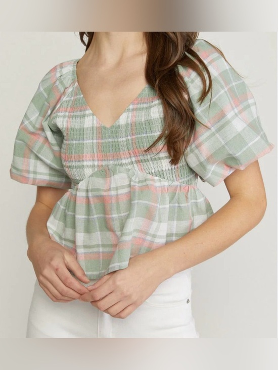 entro Tops - Entro Womens L Green Plaid Puff Sleeve Peplum  Top Summer Preppy Fairy Feminine